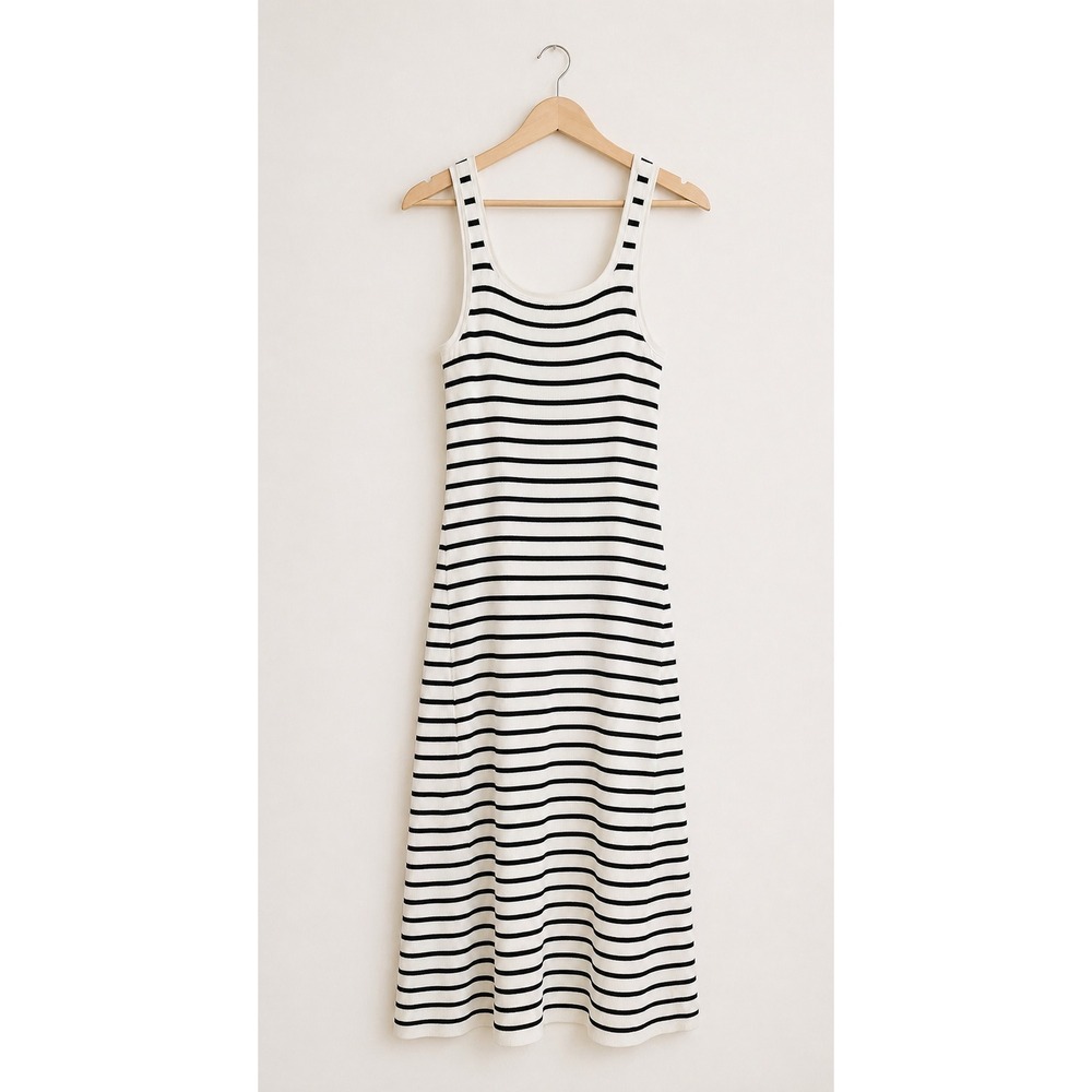 H&M Divided Ribbed Midi Tank Dress Womens XL‎ White Black Striped Preppy Chic